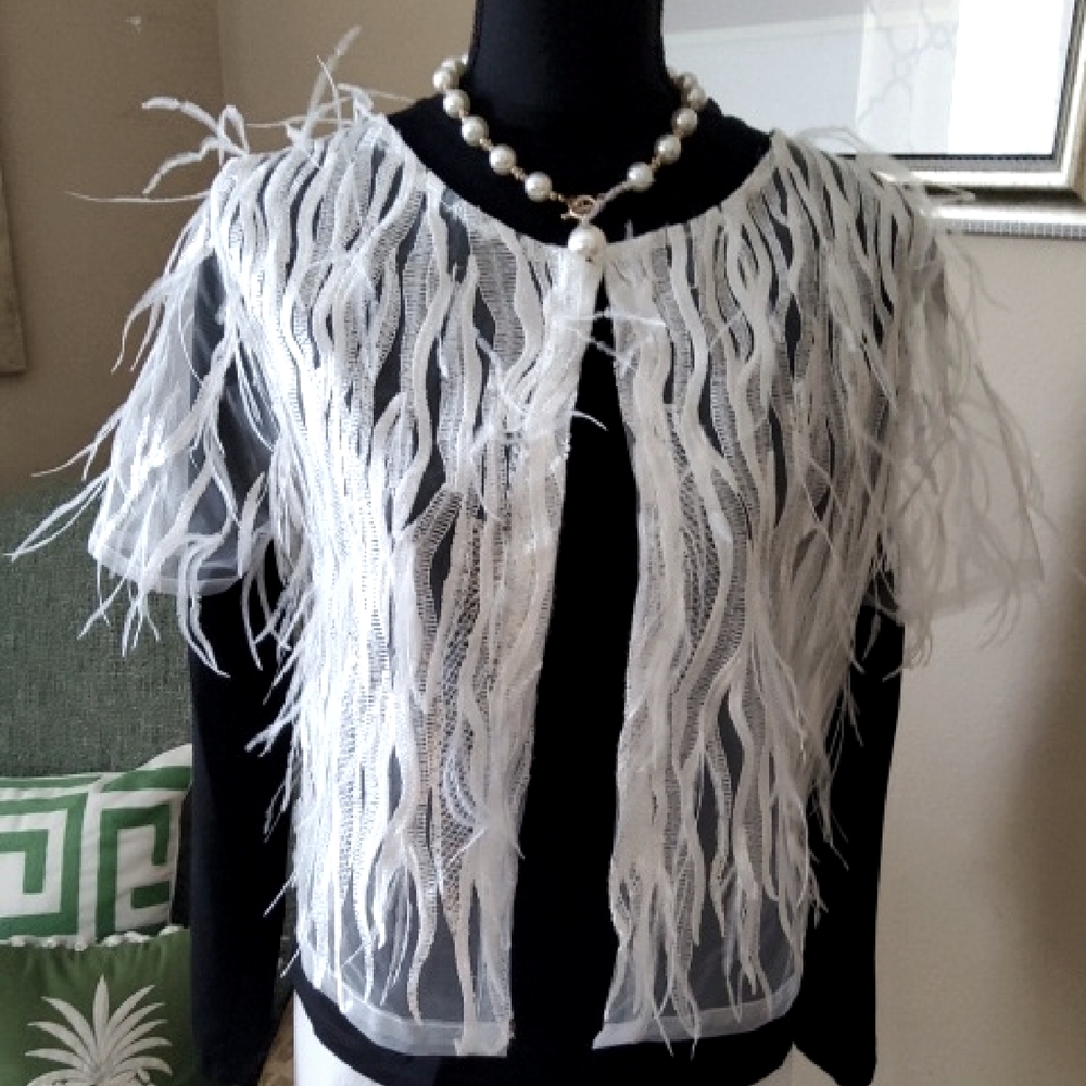 Southern Living Borrowed Blue, Elegant White Feathered Jacket.